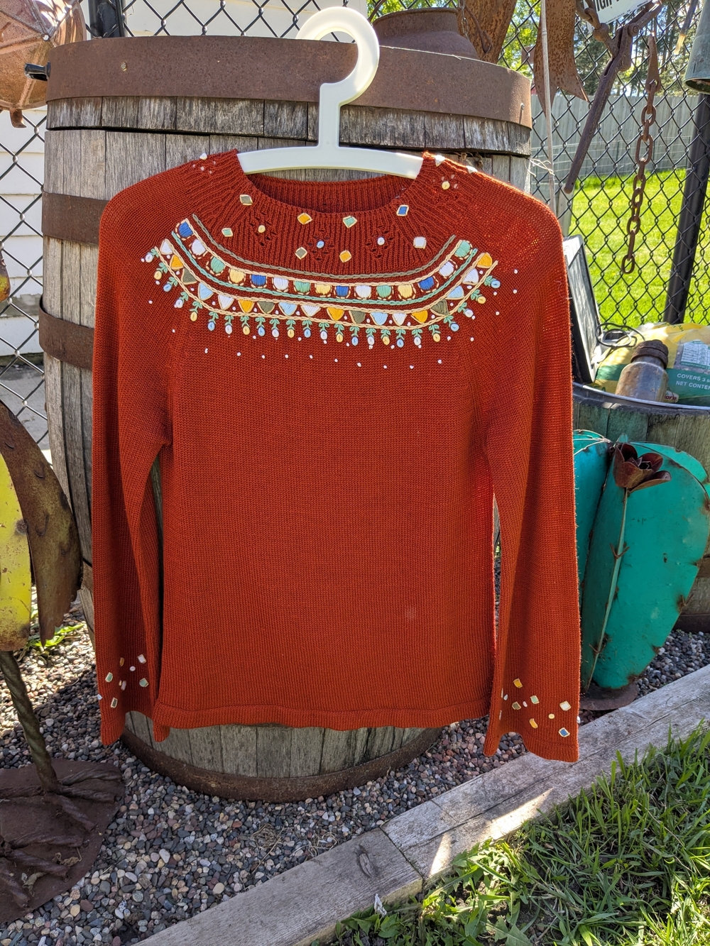 Embroidered Rust Crewneck Sweater - Women